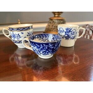 Antique Lot of 3 Blue and White Blue Tea Cups H.M. Williamson & Sons, Flow Blue